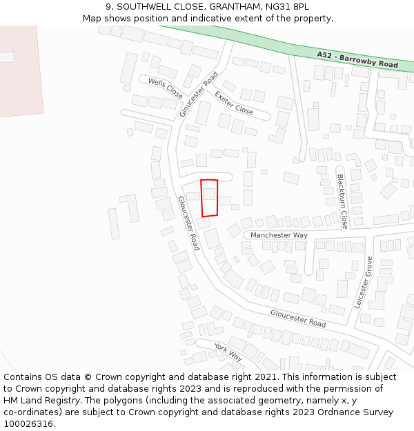 9, SOUTHWELL CLOSE, GRANTHAM, NG31 8PL: Location map and indicative extent of plot