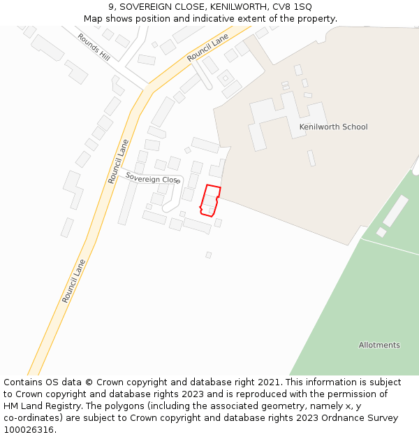 9, SOVEREIGN CLOSE, KENILWORTH, CV8 1SQ: Location map and indicative extent of plot