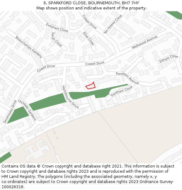 9, SPARKFORD CLOSE, BOURNEMOUTH, BH7 7HY: Location map and indicative extent of plot