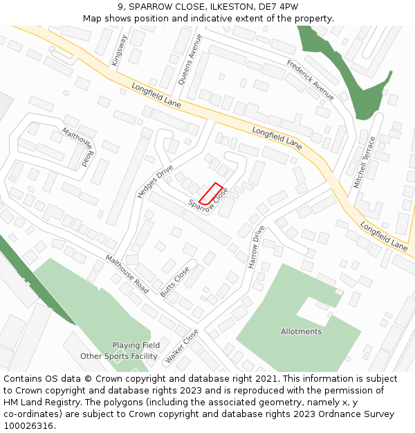 9, SPARROW CLOSE, ILKESTON, DE7 4PW: Location map and indicative extent of plot