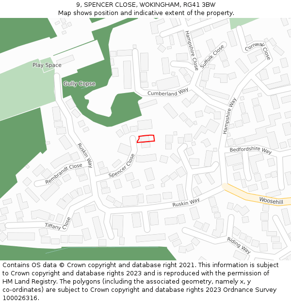 9, SPENCER CLOSE, WOKINGHAM, RG41 3BW: Location map and indicative extent of plot