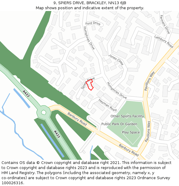 9, SPIERS DRIVE, BRACKLEY, NN13 6JB: Location map and indicative extent of plot