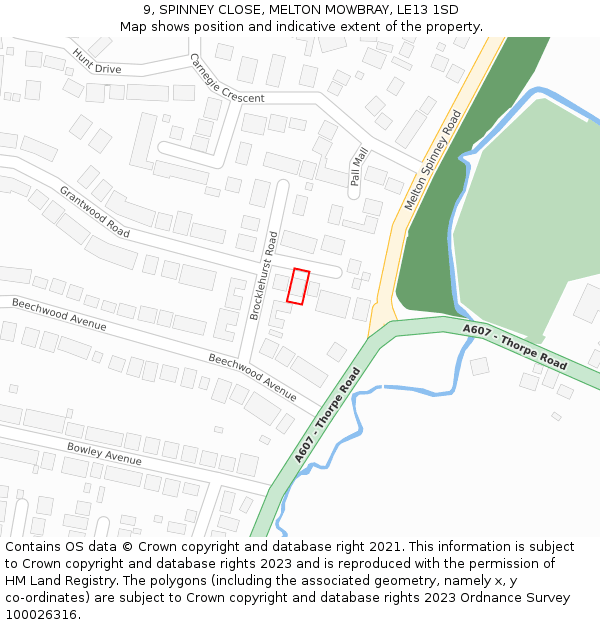 9, SPINNEY CLOSE, MELTON MOWBRAY, LE13 1SD: Location map and indicative extent of plot