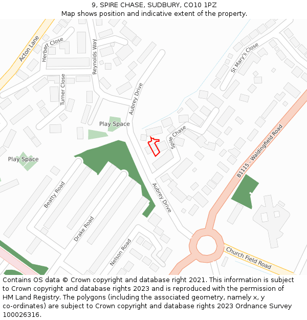 9, SPIRE CHASE, SUDBURY, CO10 1PZ: Location map and indicative extent of plot