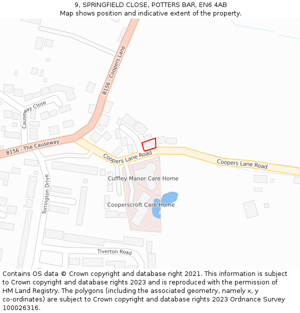 9, SPRINGFIELD CLOSE, POTTERS BAR, EN6 4AB: Location map and indicative extent of plot