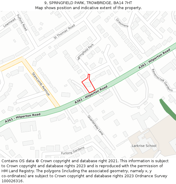9, SPRINGFIELD PARK, TROWBRIDGE, BA14 7HT: Location map and indicative extent of plot