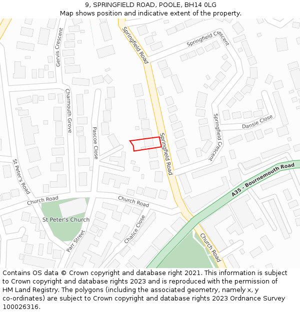 9, SPRINGFIELD ROAD, POOLE, BH14 0LG: Location map and indicative extent of plot