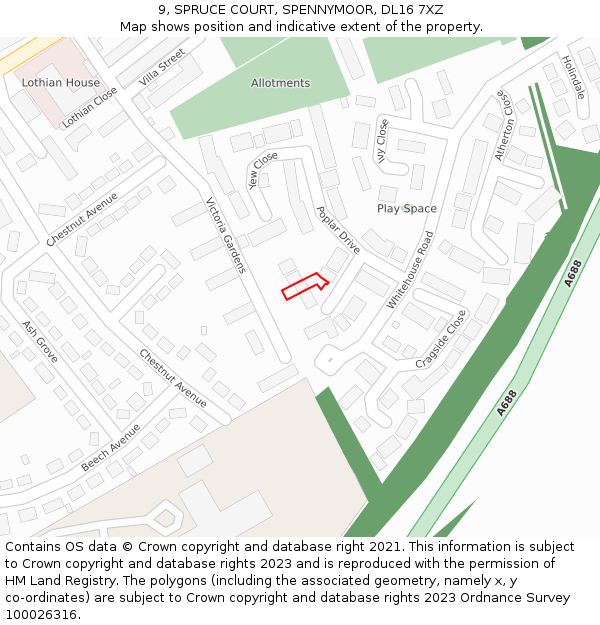 9, SPRUCE COURT, SPENNYMOOR, DL16 7XZ: Location map and indicative extent of plot