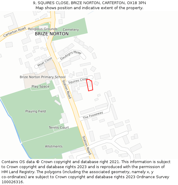 9, SQUIRES CLOSE, BRIZE NORTON, CARTERTON, OX18 3PN: Location map and indicative extent of plot