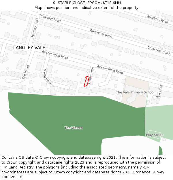 9, STABLE CLOSE, EPSOM, KT18 6HH: Location map and indicative extent of plot