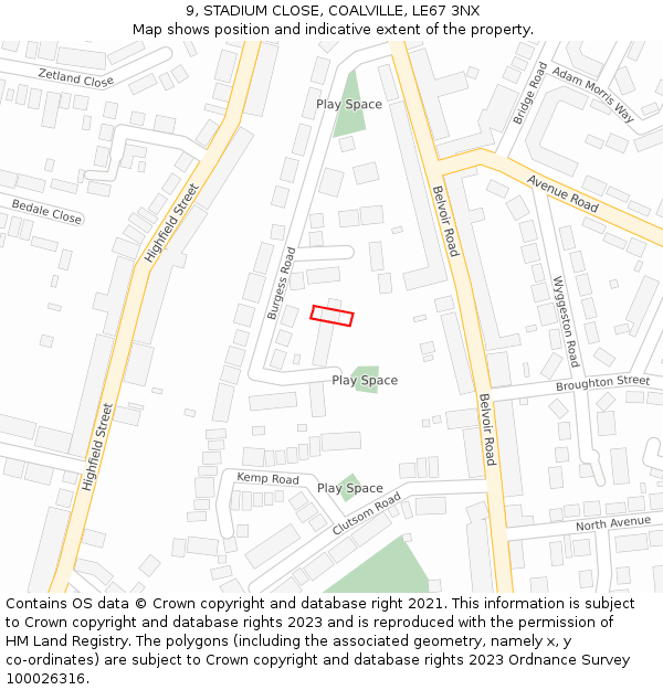 9, STADIUM CLOSE, COALVILLE, LE67 3NX: Location map and indicative extent of plot