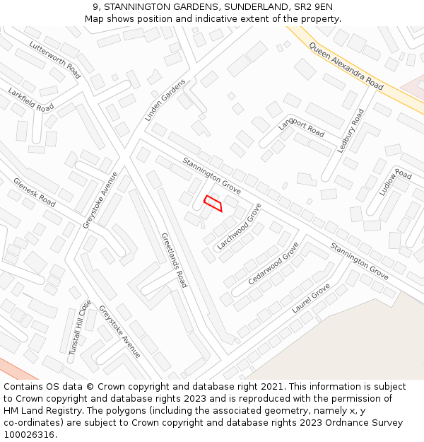 9, STANNINGTON GARDENS, SUNDERLAND, SR2 9EN: Location map and indicative extent of plot