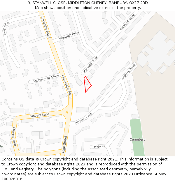 9, STANWELL CLOSE, MIDDLETON CHENEY, BANBURY, OX17 2RD: Location map and indicative extent of plot