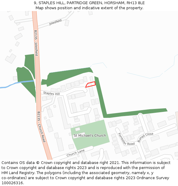 9, STAPLES HILL, PARTRIDGE GREEN, HORSHAM, RH13 8LE: Location map and indicative extent of plot