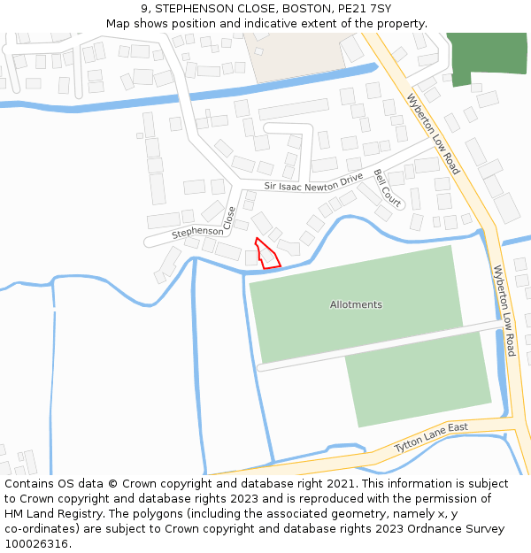 9, STEPHENSON CLOSE, BOSTON, PE21 7SY: Location map and indicative extent of plot