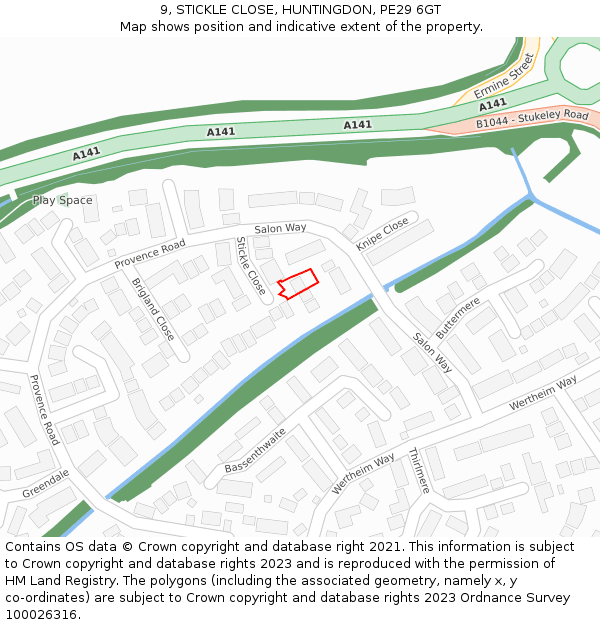 9, STICKLE CLOSE, HUNTINGDON, PE29 6GT: Location map and indicative extent of plot