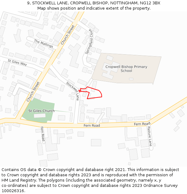 9, STOCKWELL LANE, CROPWELL BISHOP, NOTTINGHAM, NG12 3BX: Location map and indicative extent of plot