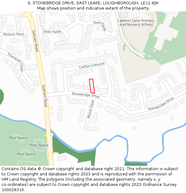 9, STONEBRIDGE DRIVE, EAST LEAKE, LOUGHBOROUGH, LE12 6JW: Location map and indicative extent of plot