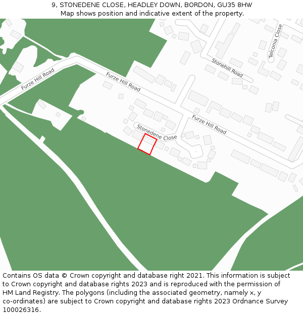 9, STONEDENE CLOSE, HEADLEY DOWN, BORDON, GU35 8HW: Location map and indicative extent of plot