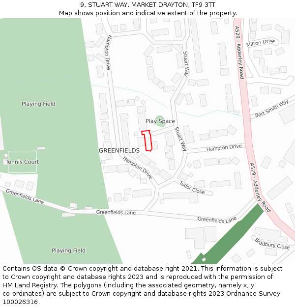 9, STUART WAY, MARKET DRAYTON, TF9 3TT: Location map and indicative extent of plot