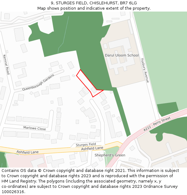 9, STURGES FIELD, CHISLEHURST, BR7 6LG: Location map and indicative extent of plot