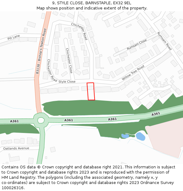 9, STYLE CLOSE, BARNSTAPLE, EX32 9EL: Location map and indicative extent of plot