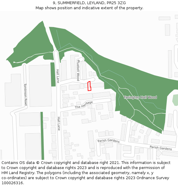 9, SUMMERFIELD, LEYLAND, PR25 3ZG: Location map and indicative extent of plot