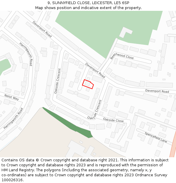 9, SUNNYFIELD CLOSE, LEICESTER, LE5 6SP: Location map and indicative extent of plot
