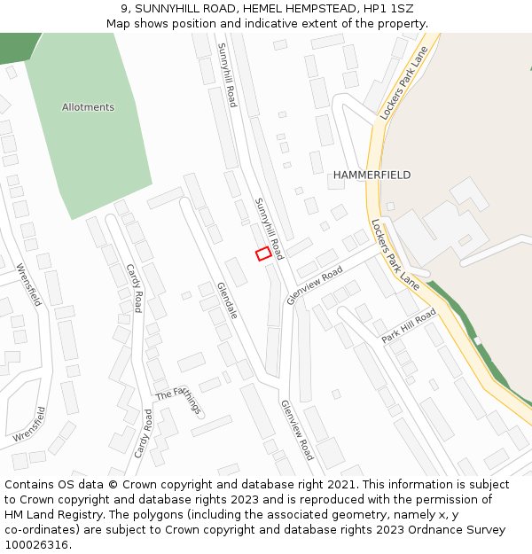 9, SUNNYHILL ROAD, HEMEL HEMPSTEAD, HP1 1SZ: Location map and indicative extent of plot