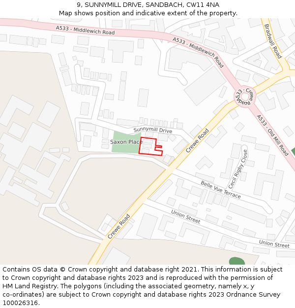 9, SUNNYMILL DRIVE, SANDBACH, CW11 4NA: Location map and indicative extent of plot