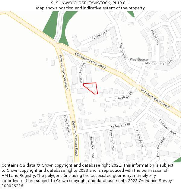 9, SUNWAY CLOSE, TAVISTOCK, PL19 8LU: Location map and indicative extent of plot