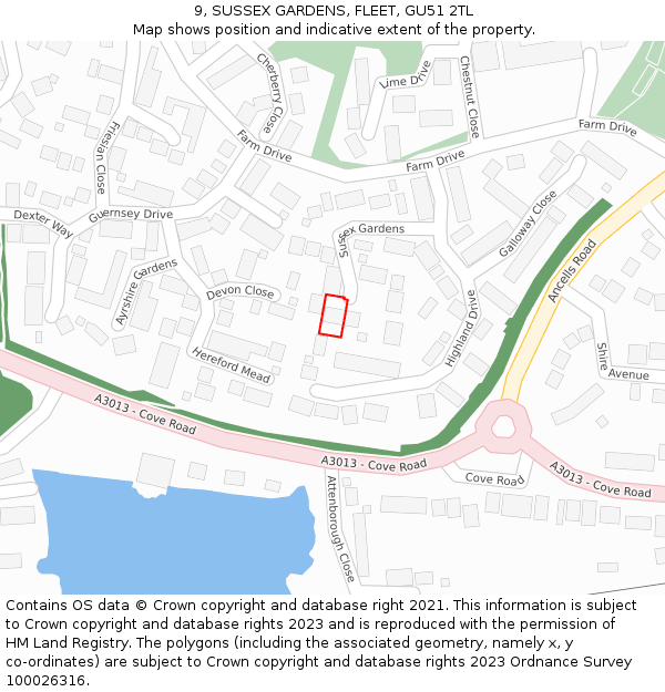 9, SUSSEX GARDENS, FLEET, GU51 2TL: Location map and indicative extent of plot