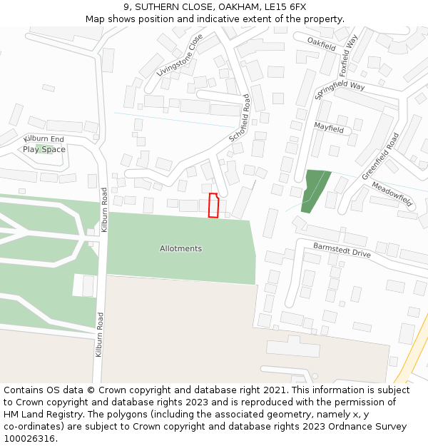 9, SUTHERN CLOSE, OAKHAM, LE15 6FX: Location map and indicative extent of plot