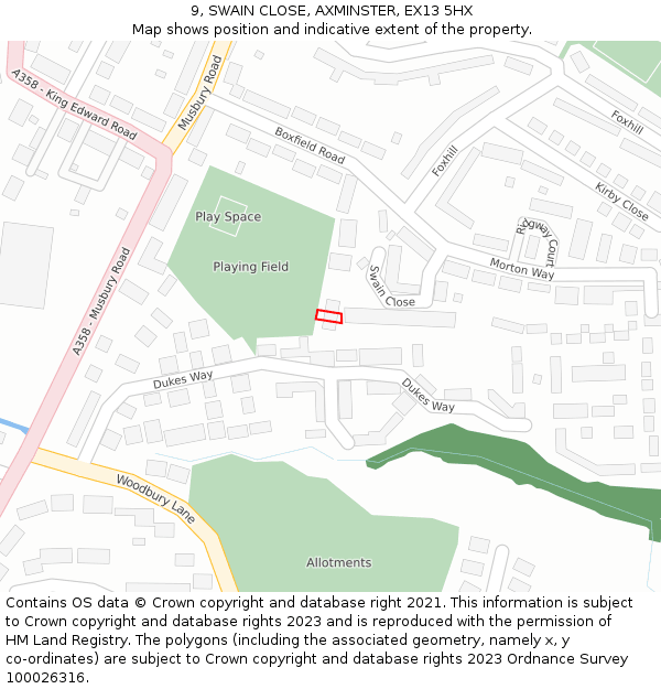 9, SWAIN CLOSE, AXMINSTER, EX13 5HX: Location map and indicative extent of plot