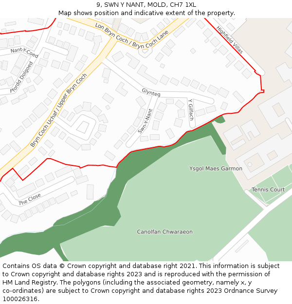 9, SWN Y NANT, MOLD, CH7 1XL: Location map and indicative extent of plot