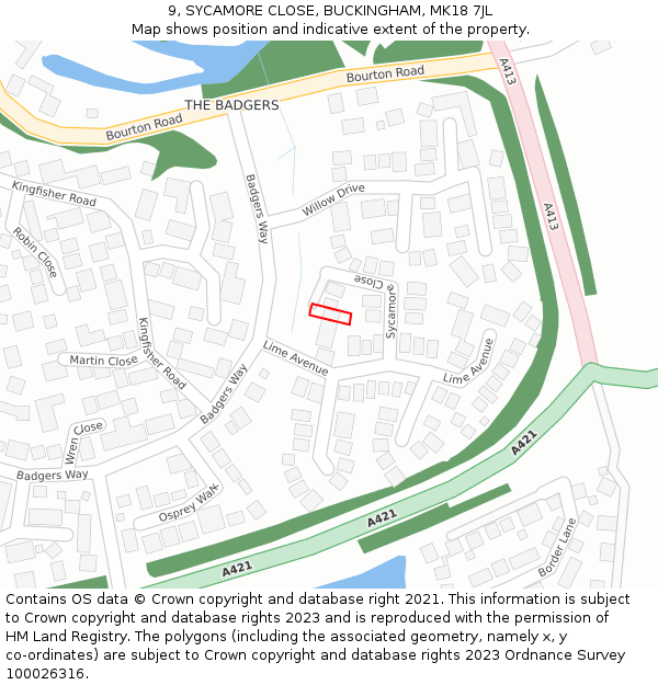 9, SYCAMORE CLOSE, BUCKINGHAM, MK18 7JL: Location map and indicative extent of plot