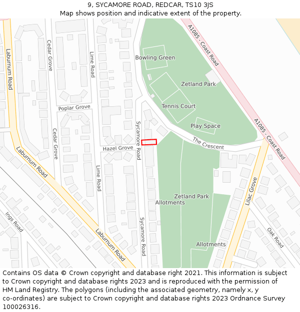 9, SYCAMORE ROAD, REDCAR, TS10 3JS: Location map and indicative extent of plot