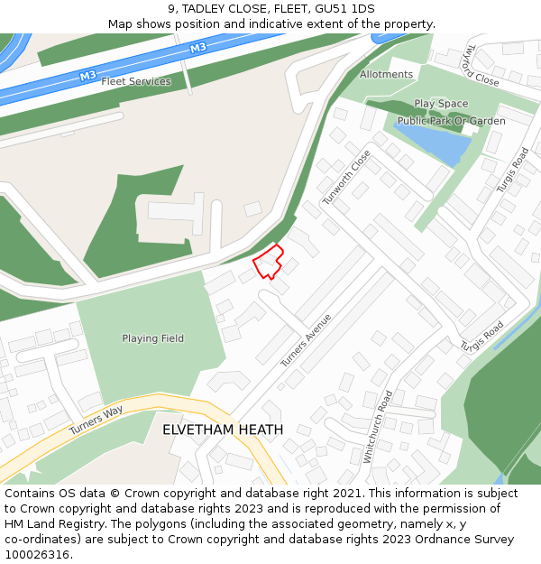 9, TADLEY CLOSE, FLEET, GU51 1DS: Location map and indicative extent of plot