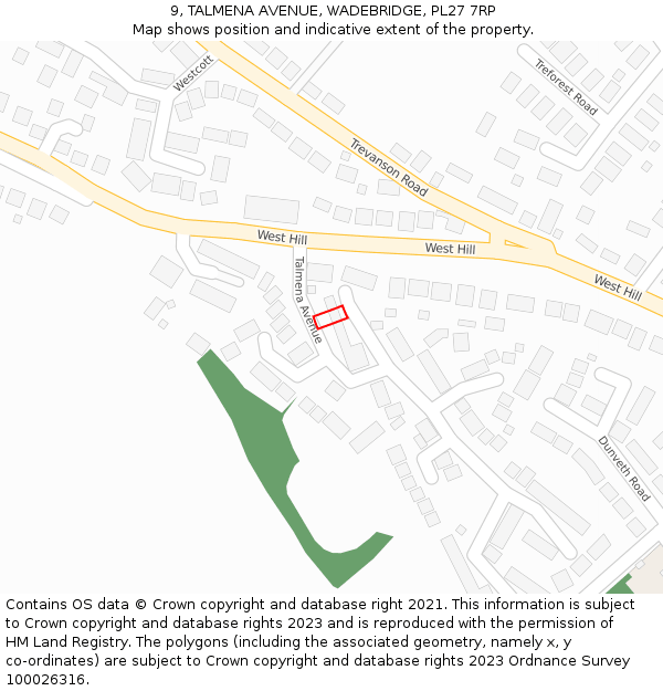 9, TALMENA AVENUE, WADEBRIDGE, PL27 7RP: Location map and indicative extent of plot