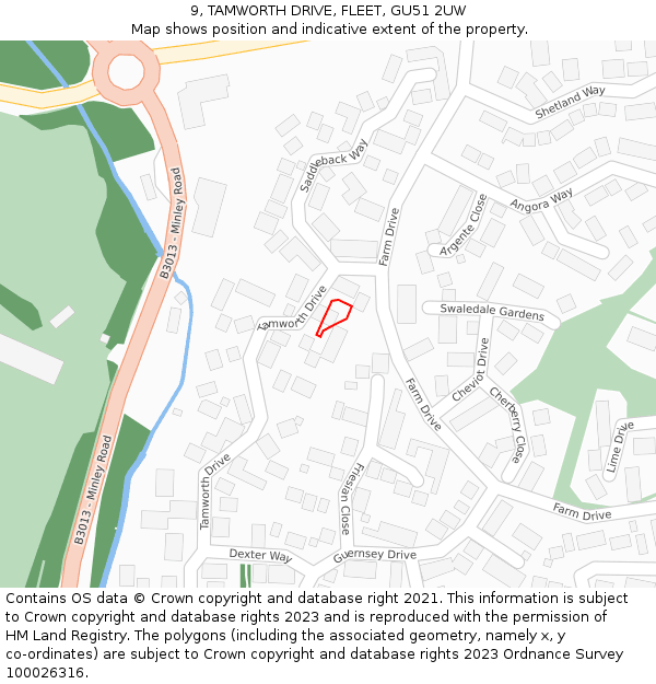 9, TAMWORTH DRIVE, FLEET, GU51 2UW: Location map and indicative extent of plot