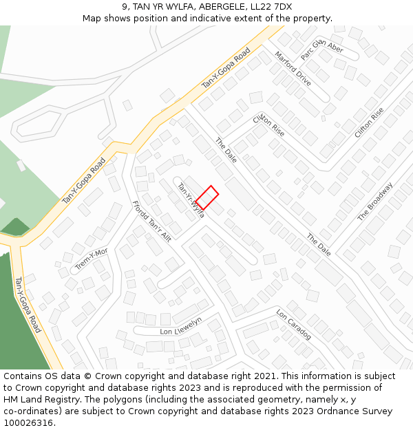 9, TAN YR WYLFA, ABERGELE, LL22 7DX: Location map and indicative extent of plot