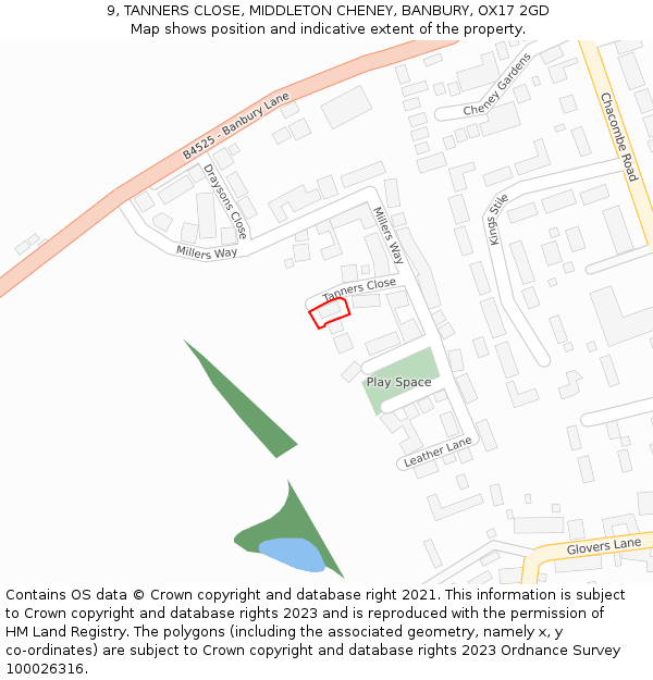 9, TANNERS CLOSE, MIDDLETON CHENEY, BANBURY, OX17 2GD: Location map and indicative extent of plot