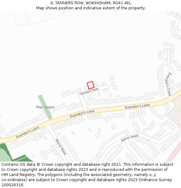 9, TANNERS ROW, WOKINGHAM, RG41 4EL: Location map and indicative extent of plot