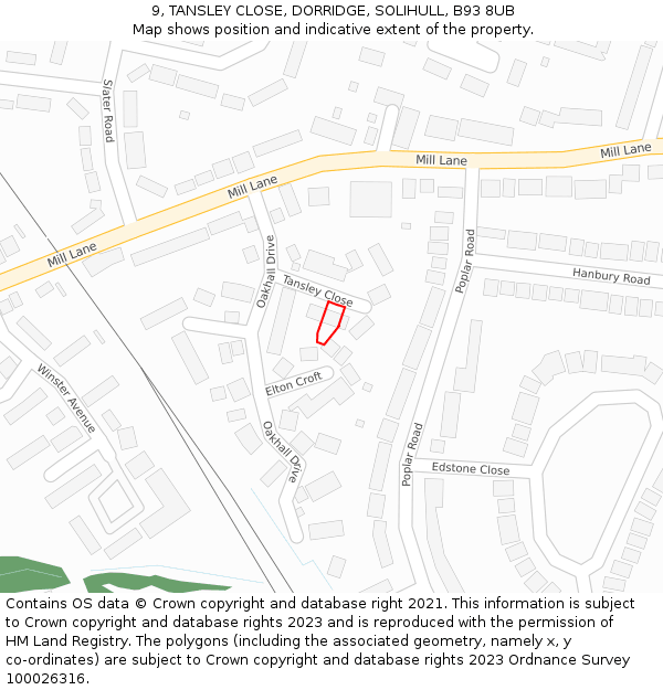 9, TANSLEY CLOSE, DORRIDGE, SOLIHULL, B93 8UB: Location map and indicative extent of plot