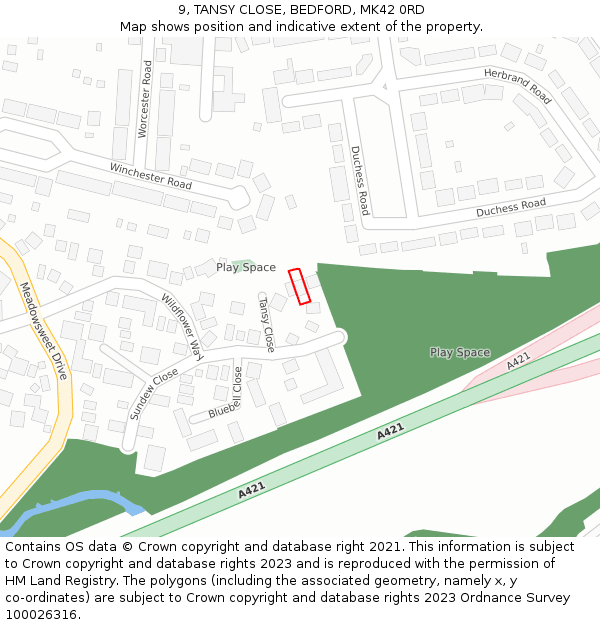 9, TANSY CLOSE, BEDFORD, MK42 0RD: Location map and indicative extent of plot