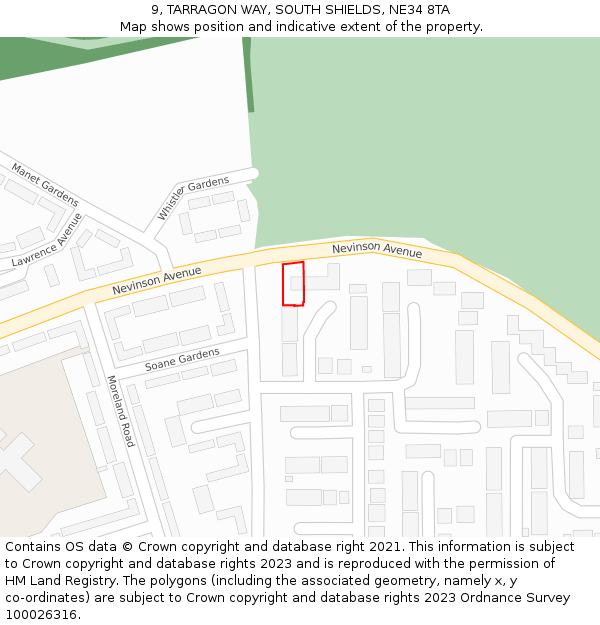 9, TARRAGON WAY, SOUTH SHIELDS, NE34 8TA: Location map and indicative extent of plot