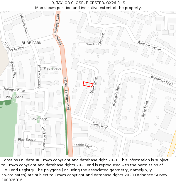 9, TAYLOR CLOSE, BICESTER, OX26 3HS: Location map and indicative extent of plot