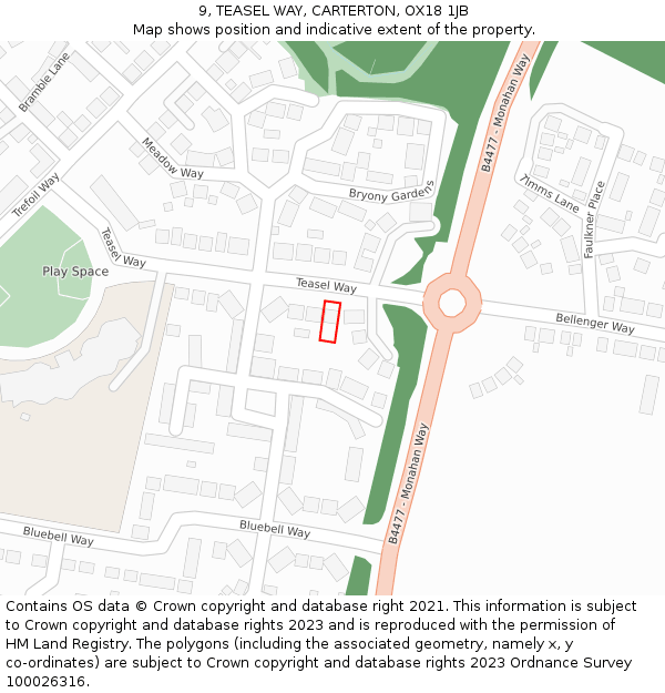 9, TEASEL WAY, CARTERTON, OX18 1JB: Location map and indicative extent of plot