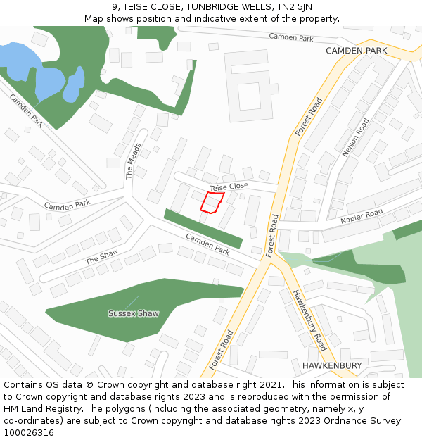 9, TEISE CLOSE, TUNBRIDGE WELLS, TN2 5JN: Location map and indicative extent of plot