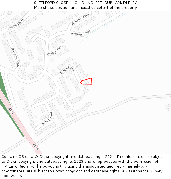 9, TELFORD CLOSE, HIGH SHINCLIFFE, DURHAM, DH1 2YJ: Location map and indicative extent of plot
